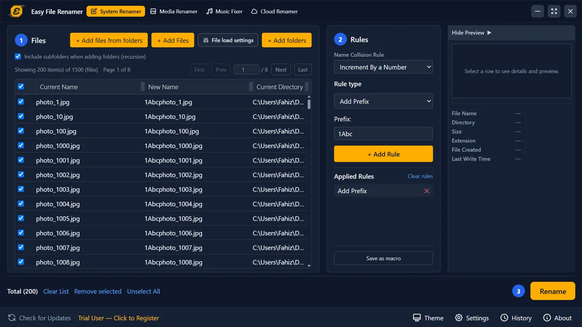 Easy File Renamer System Renamer with Current Name and New Name preview