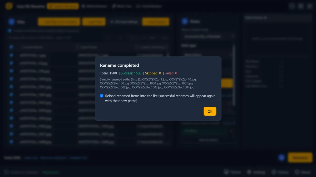 Rename completed dialog in Easy File Renamer