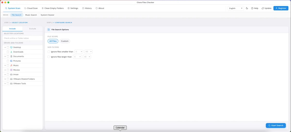 Clone Files Checker File Search on Mac with the Include folder tree