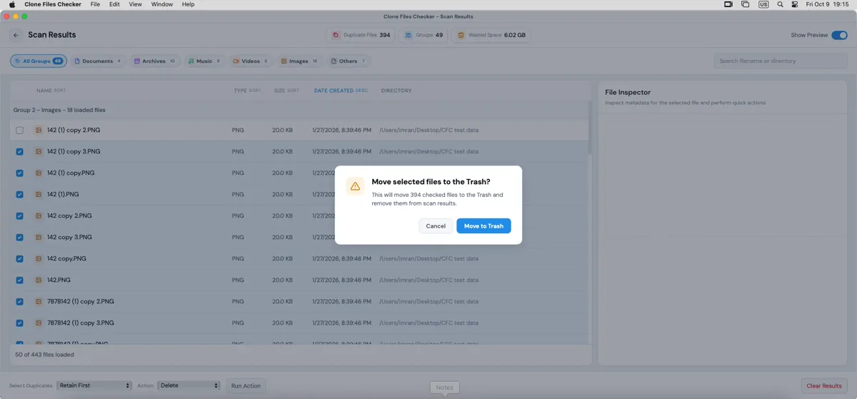 Clone Files Checker confirm dialog to move selected files to the Trash