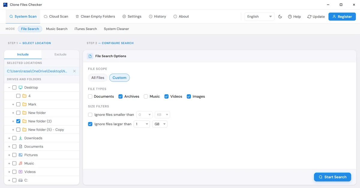 Clone Files Checker File Search with folders to include and Custom file types