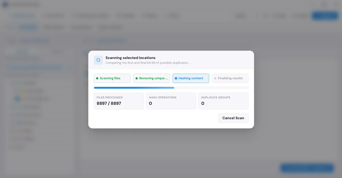 Clone Files Checker progress dialog while hashing possible duplicate files