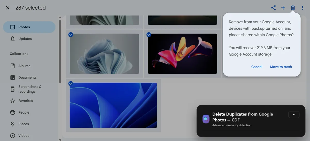 Google Photos asking you to confirm Move to trash for the selected photos