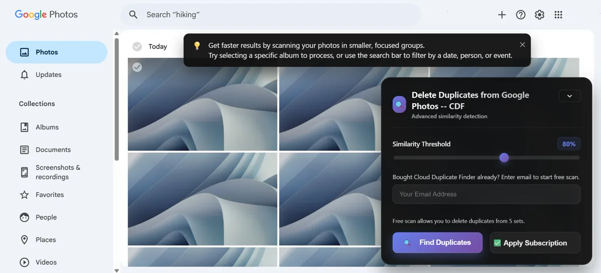 Extension panel on a Google Photos view, similarity set to 80 percent, with Find Duplicates