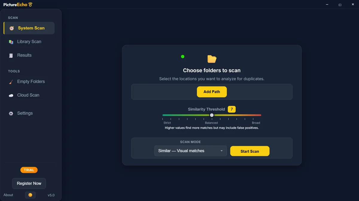 PictureEcho System Scan with Add Path, Similar mode, and the Similarity Threshold slider