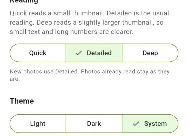 KeePix settings with Quick, Detailed, and Deep reading modes, Detailed selected