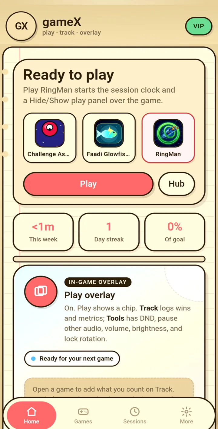 gameX Home with game chips, Play, week stats, and the Play overlay card