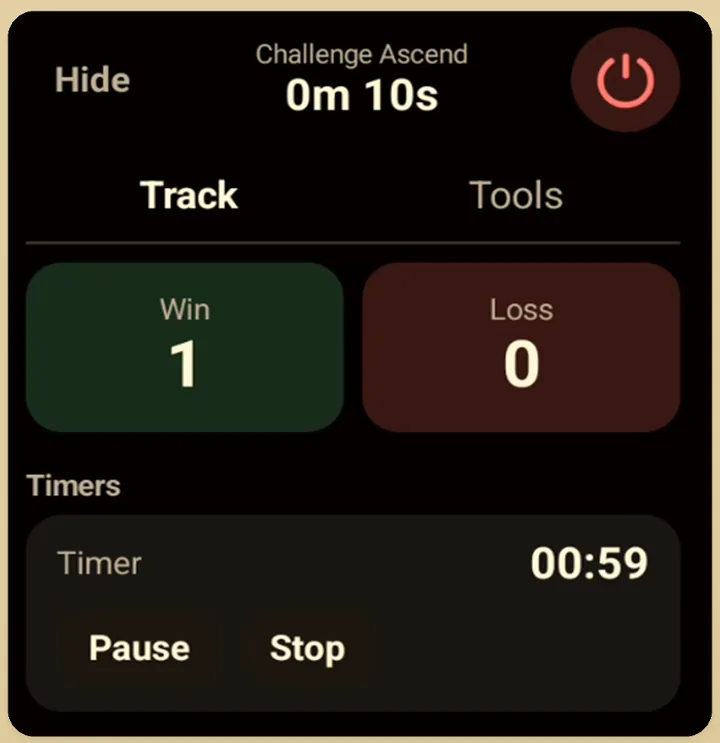 gameX Play overlay Track tab with session clock, Win, Loss, and a HUD timer