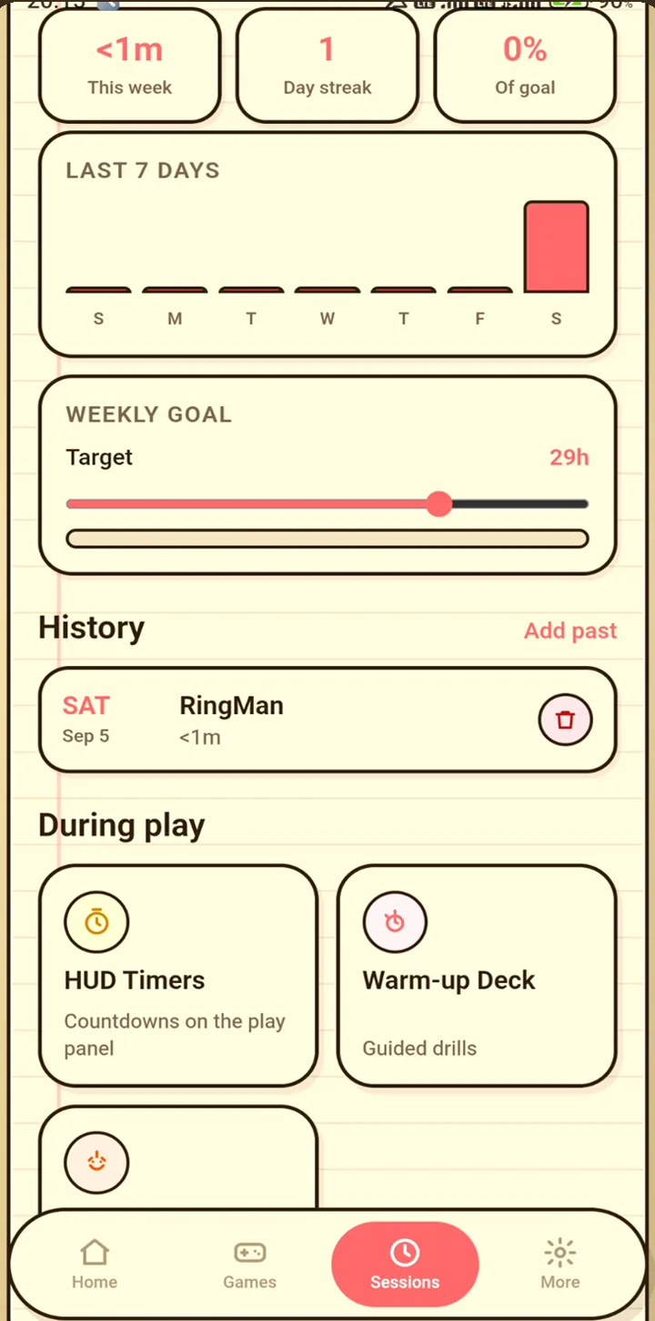 gameX Sessions with a 7-day bar, weekly goal slider, and session history