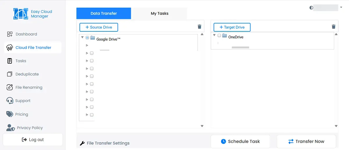 Source and target folder trees in Easy Cloud Manager