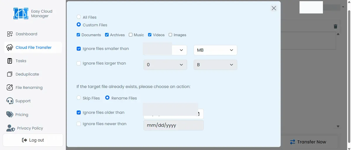 File Transfer Settings with Custom Files and Rename Files